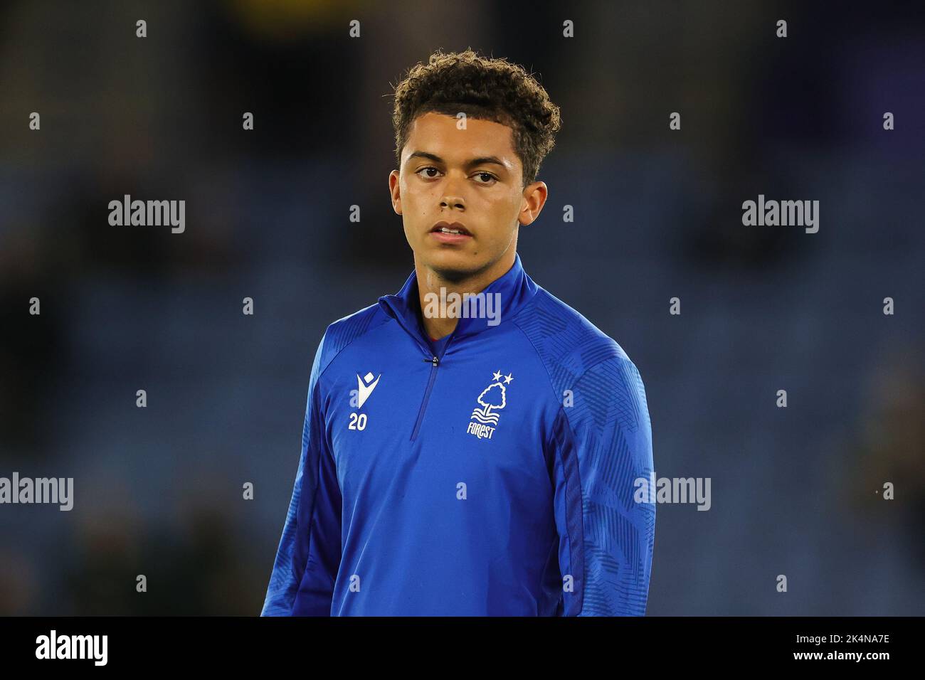 Brennan Johnson #20 of Nottingham Forest during the pre-game warmup ahead of the Premier League match Leicester City vs Nottingham Forest at King Power Stadium, Leicester, United Kingdom, 3rd October 2022  (Photo by Mark Cosgrove/News Images) Stock Photo