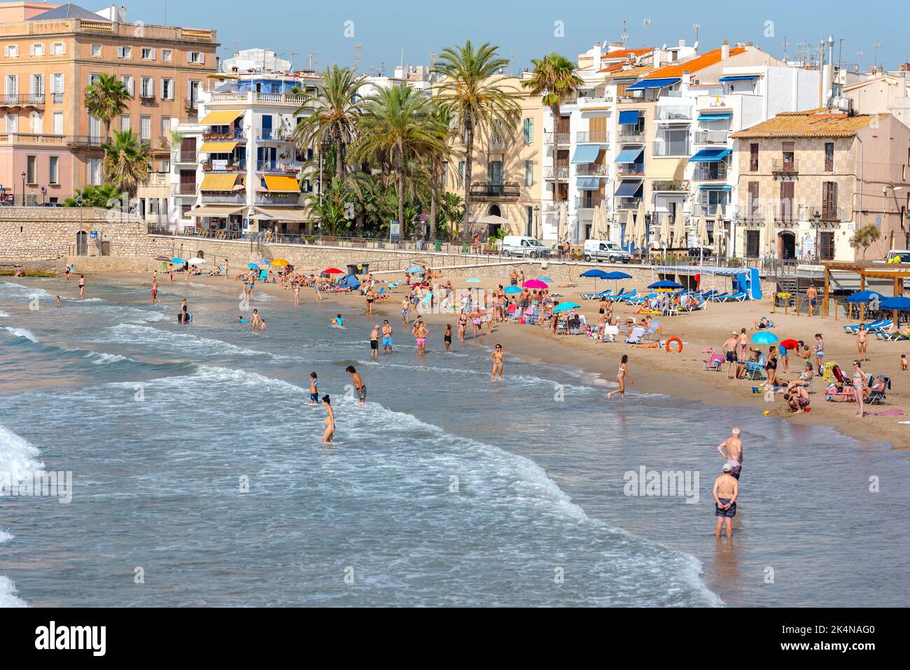 Sitges, Catalonia, Spain: July 28, 2020: People in the beach in Sitges in summer 2020. Stock Photo