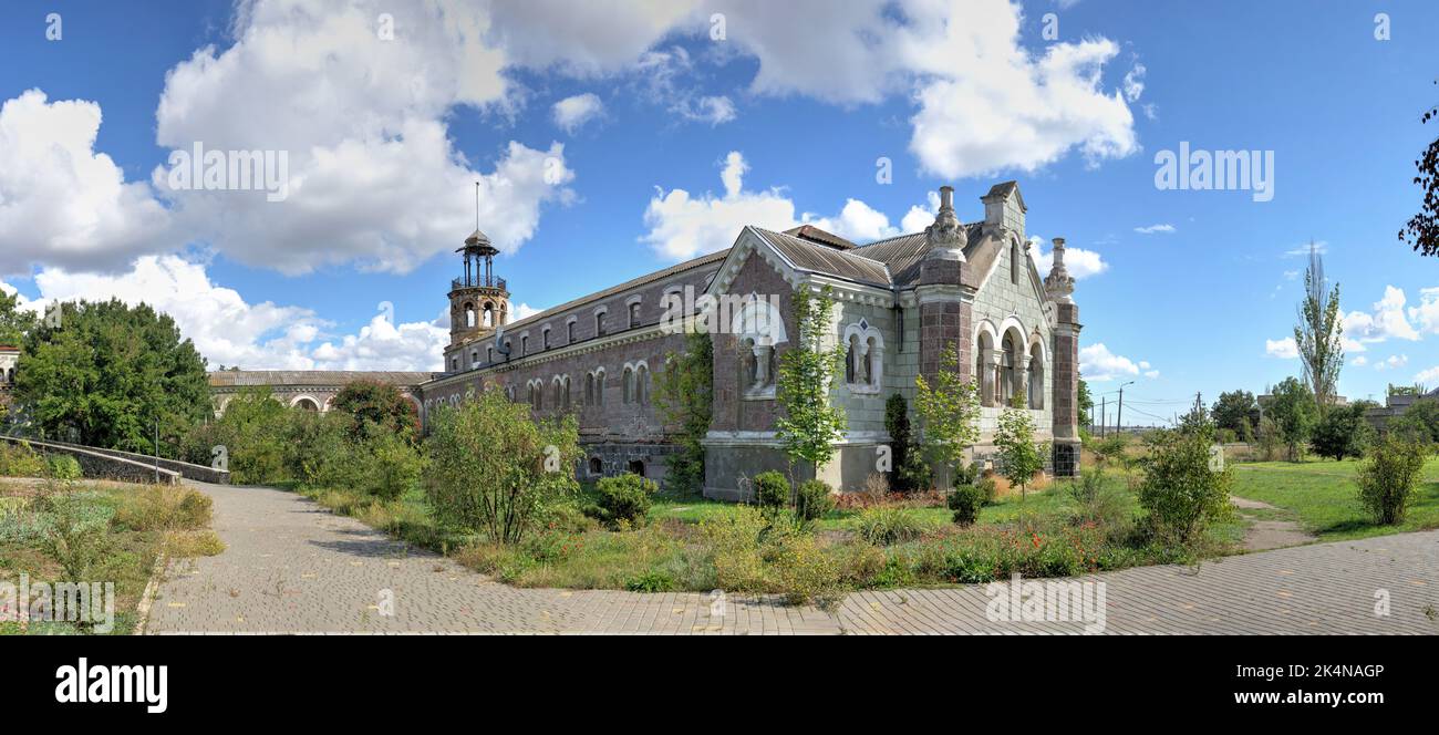 Abandoned building of the old sanatorium Kuialnyk in Odessa, Ukraine, on a sunny autumn day Stock Photo