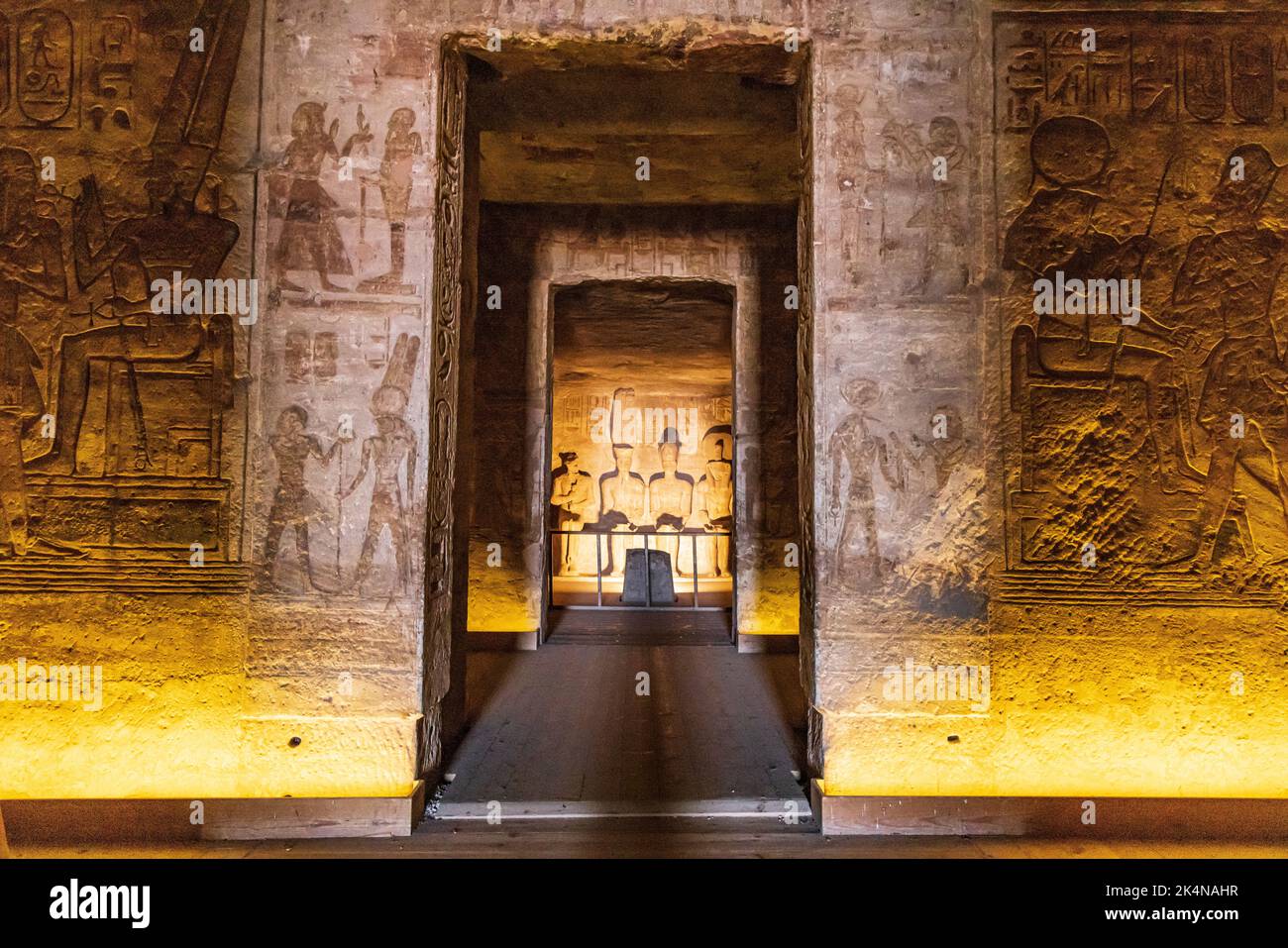 Abu Simbel, Aswan, Egypt. February 22, 2022. Statues depicting Ptah, Amun, Ramesses II, and Ra
