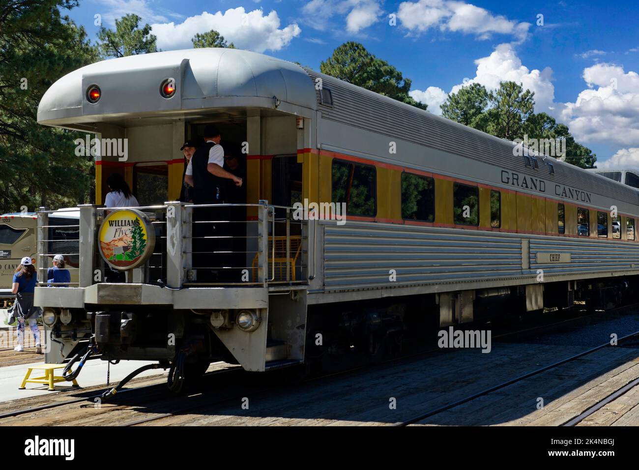 The Grand Canyon Railway silver and gold passenger cars from Williams to the Grand Canyon in Arizona Stock Photo