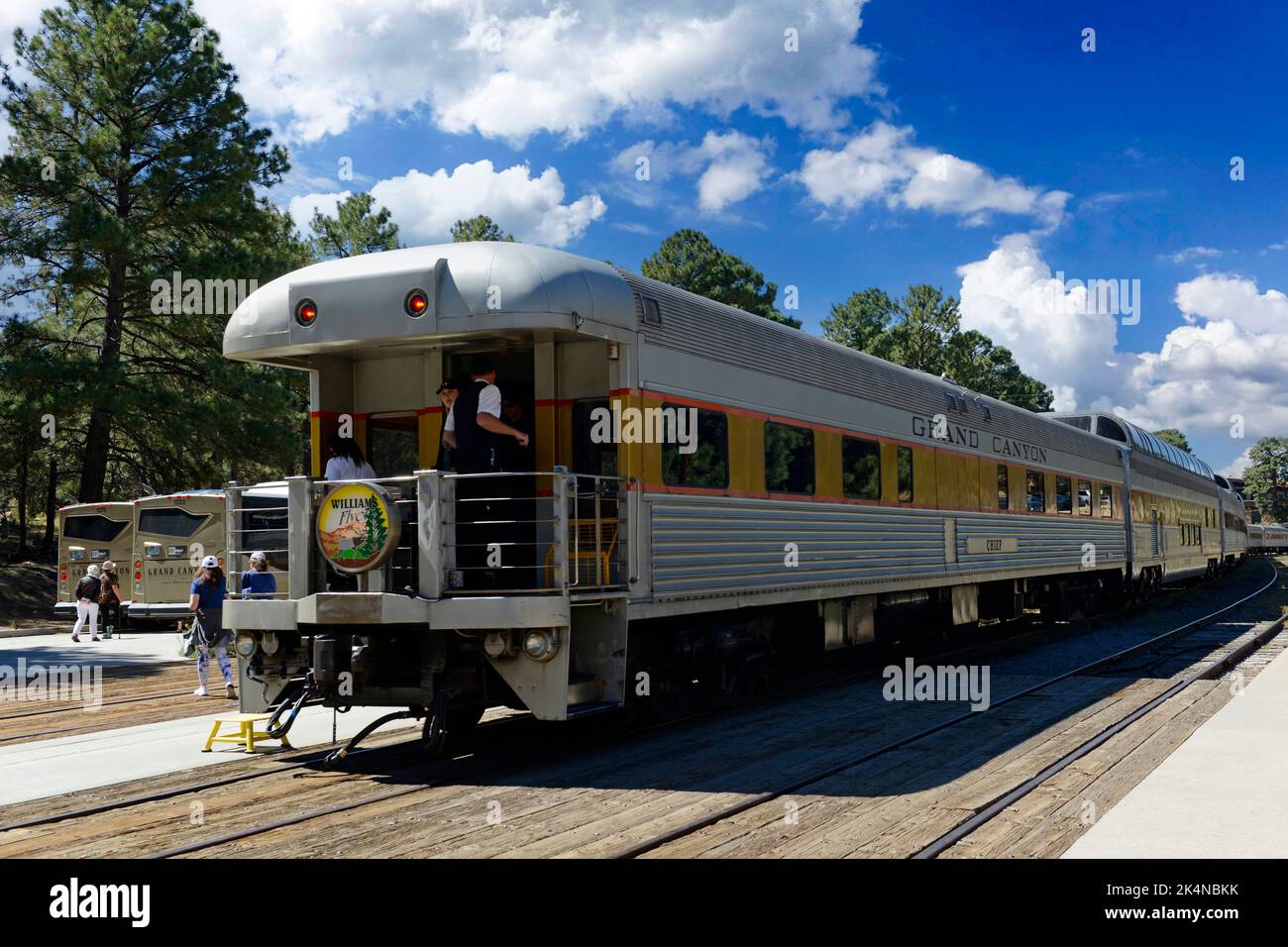 The Grand Canyon Railway silver and gold passenger cars from Williams