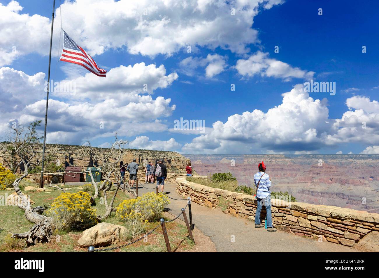 View of the Grand Canyon South Rim from behind the El Tovar Hotel in Arizona Stock Photo