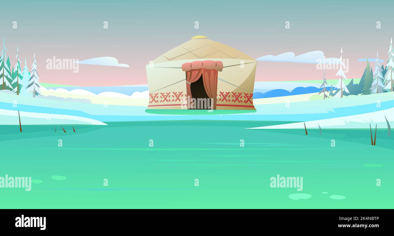 Yurt in tundra. On shore of ice pond. Dwelling of northern nomadic peoples in Arctic. From felt and skins. illustration vector. Stock Vector