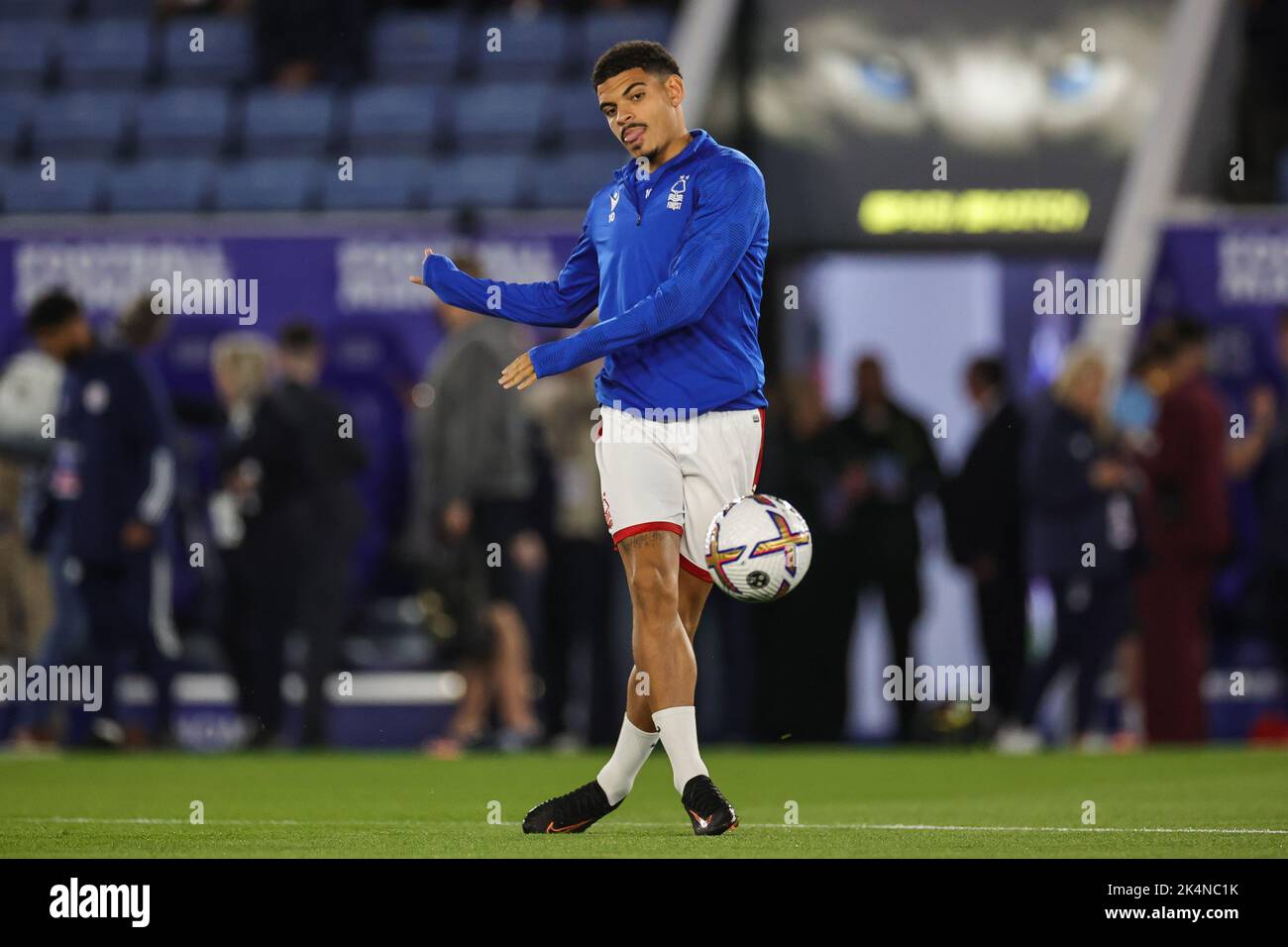 Morgan Gibbs-White #10 of Nottingham Forest during the pre-game warmup ahead of the Premier League match Leicester City vs Nottingham Forest at King Power Stadium, Leicester, United Kingdom, 3rd October 2022  (Photo by Mark Cosgrove/News Images) Stock Photo