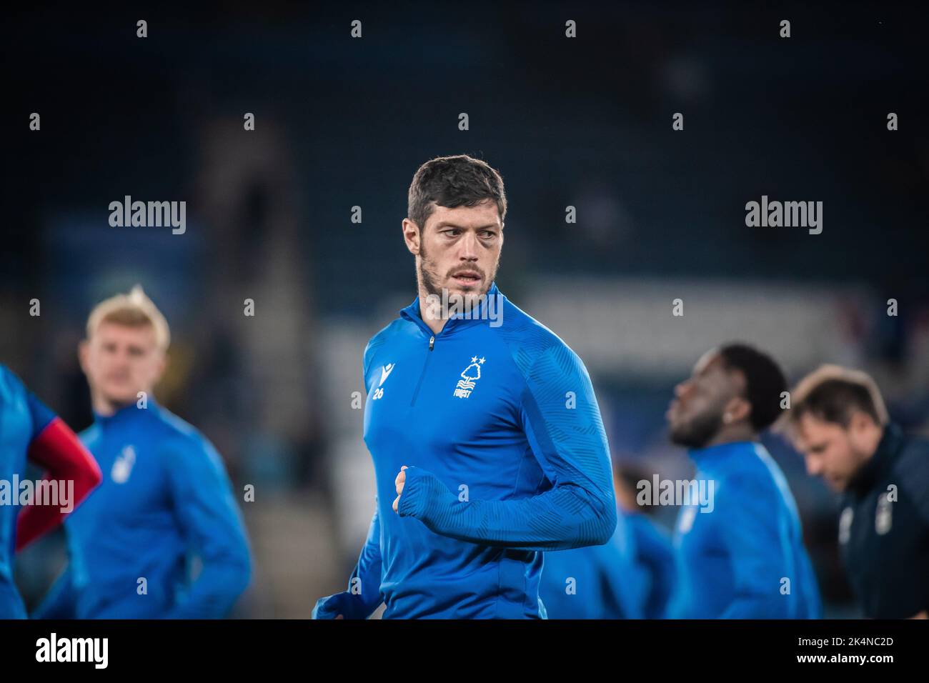 Scott McKenna #26 of Nottingham Forest warms up before the Premier League match Leicester City vs Nottingham Forest at King Power Stadium, Leicester, United Kingdom, 3rd October 2022  (Photo by Ritchie Sumpter/News Images) Stock Photo