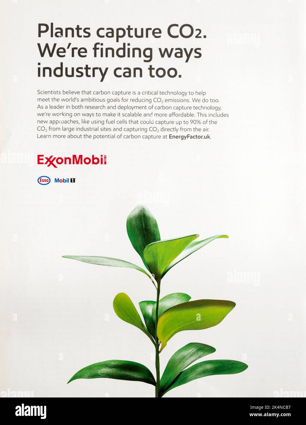 An Exxon Mobil advertisement promoting carbon capture as a means of reducing CO2 emissions. Stock Photo