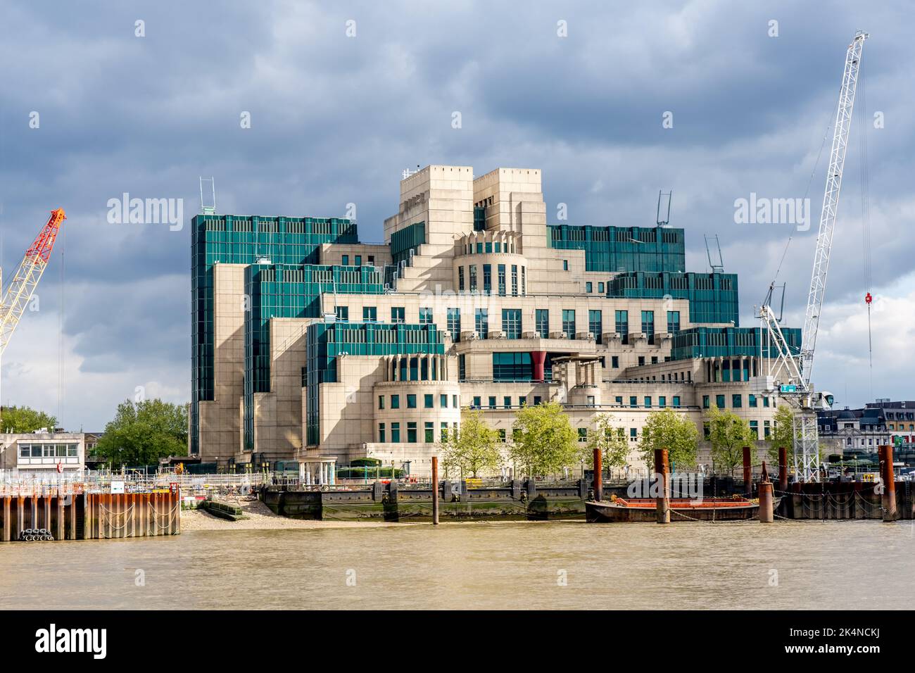 London, England - 22.04.2022: Secret Intelligence Service building, known as MI6, filmed in a James Bond moovie, located on the bank of the River Thames beside Vauxhall Bridge. High quality photo Stock Photo