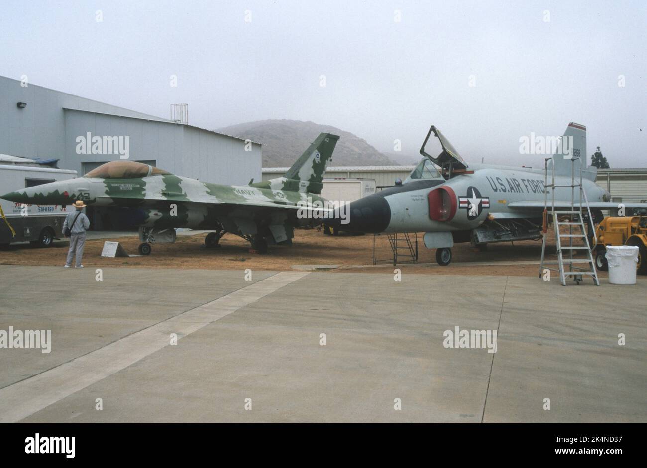 F-16N and F-105 at on display at the  San Diego Aerospace Museum Annex Stock Photo