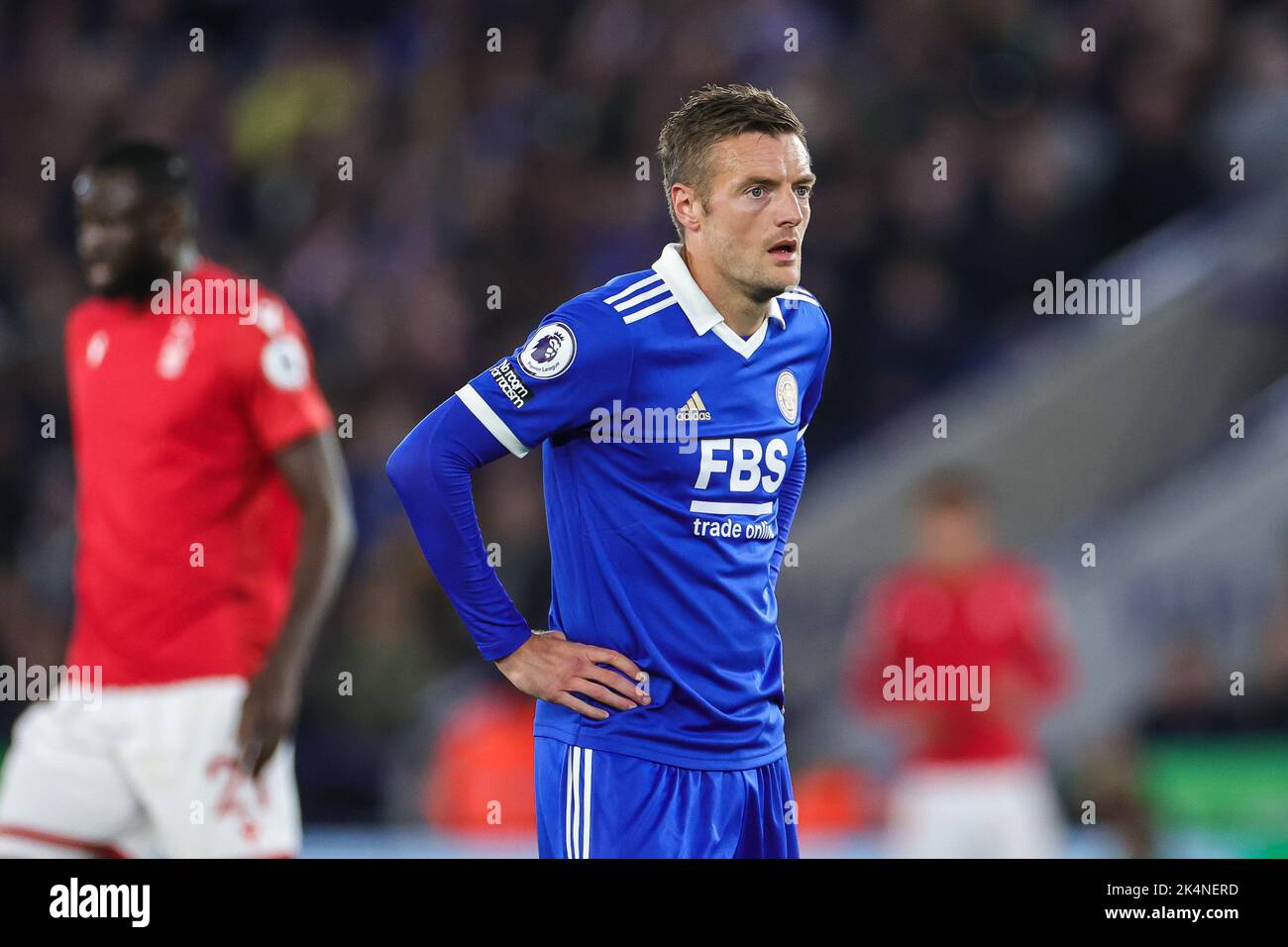 Jamie Vardy #9 of Leicester City during the Premier League match Leicester City vs Nottingham Forest at King Power Stadium, Leicester, United Kingdom, 3rd October 2022  (Photo by Mark Cosgrove/News Images) Stock Photo