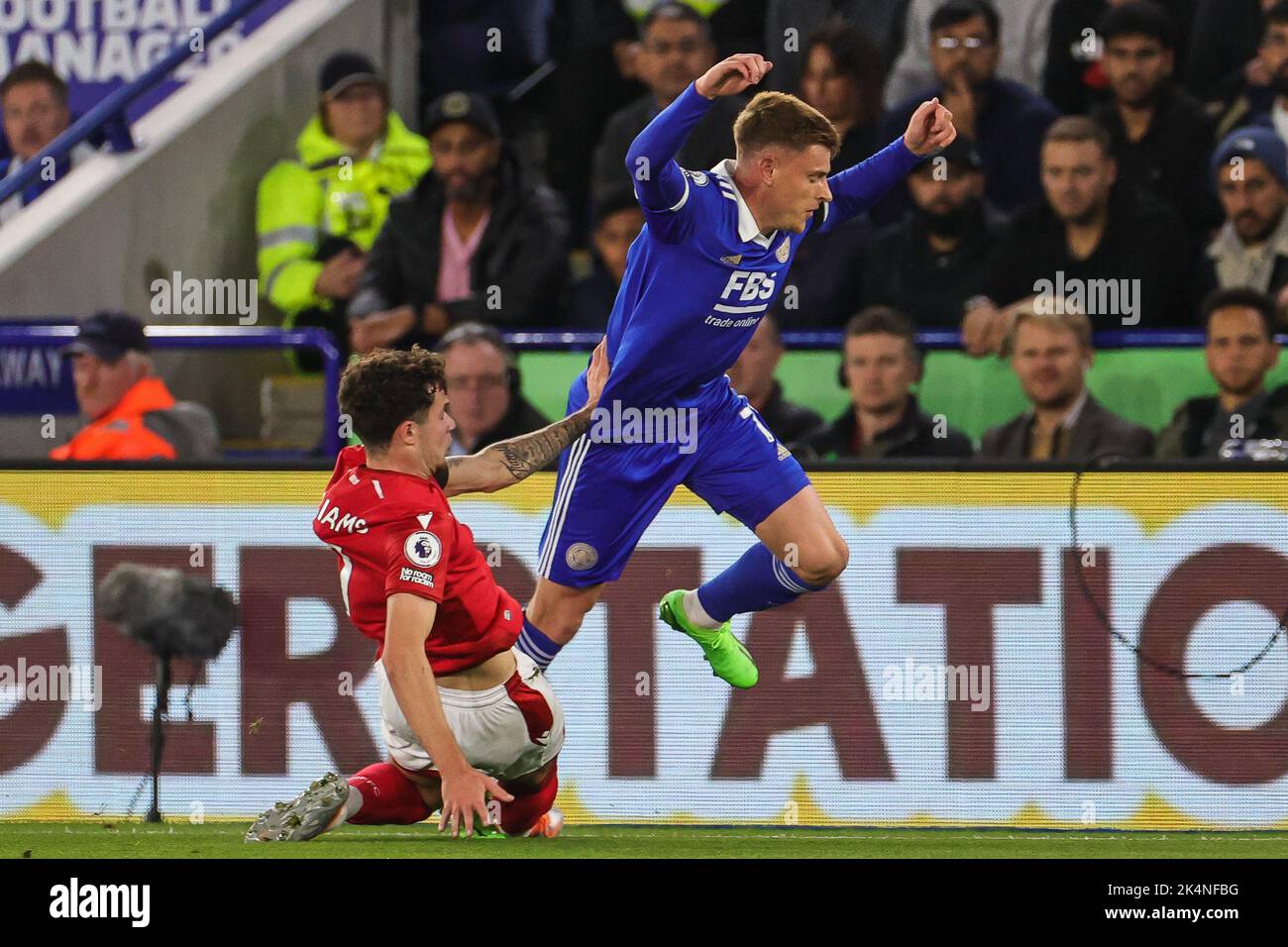 Harvey Barnes #7 of Leicester City fouled by Neco Williams #7 of Nottingham Forest during the Premier League match Leicester City vs Nottingham Forest at King Power Stadium, Leicester, United Kingdom, 3rd October 2022  (Photo by Mark Cosgrove/News Images) Stock Photo