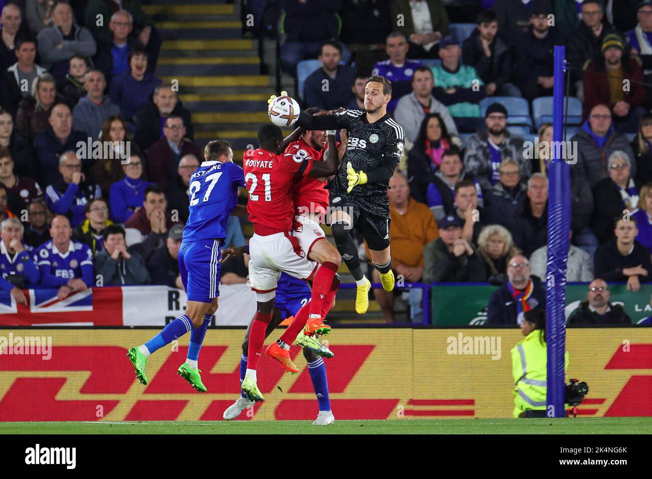 Danny Ward #1 of Leicester City claims the ball from a free kick during the Premier League match Leicester City vs Nottingham Forest at King Power Stadium, Leicester, United Kingdom, 3rd October 2022  (Photo by Mark Cosgrove/News Images) Stock Photo