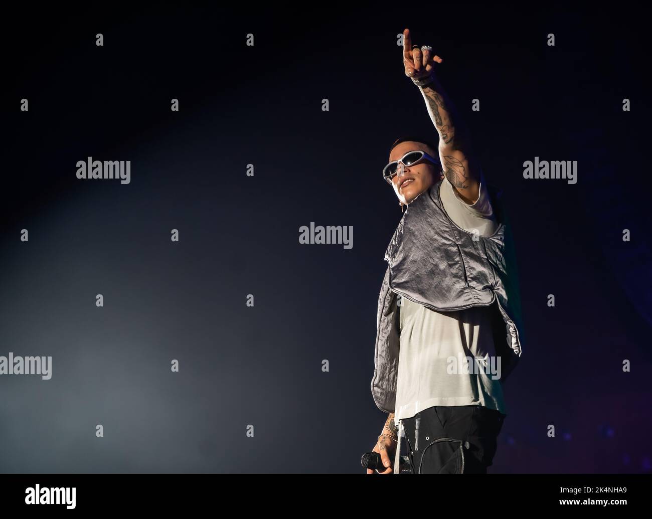 Eboli, Italy. 02nd Oct, 2022. Sfera Ebbasta, italian rapper on stage of the Palasele in city of Eboli, Italy on Oct. 2, 2022. (Photo by Giovanni Esposito/Pacific Press/Sipa USA) Credit: Sipa USA/Alamy Live News Stock Photo