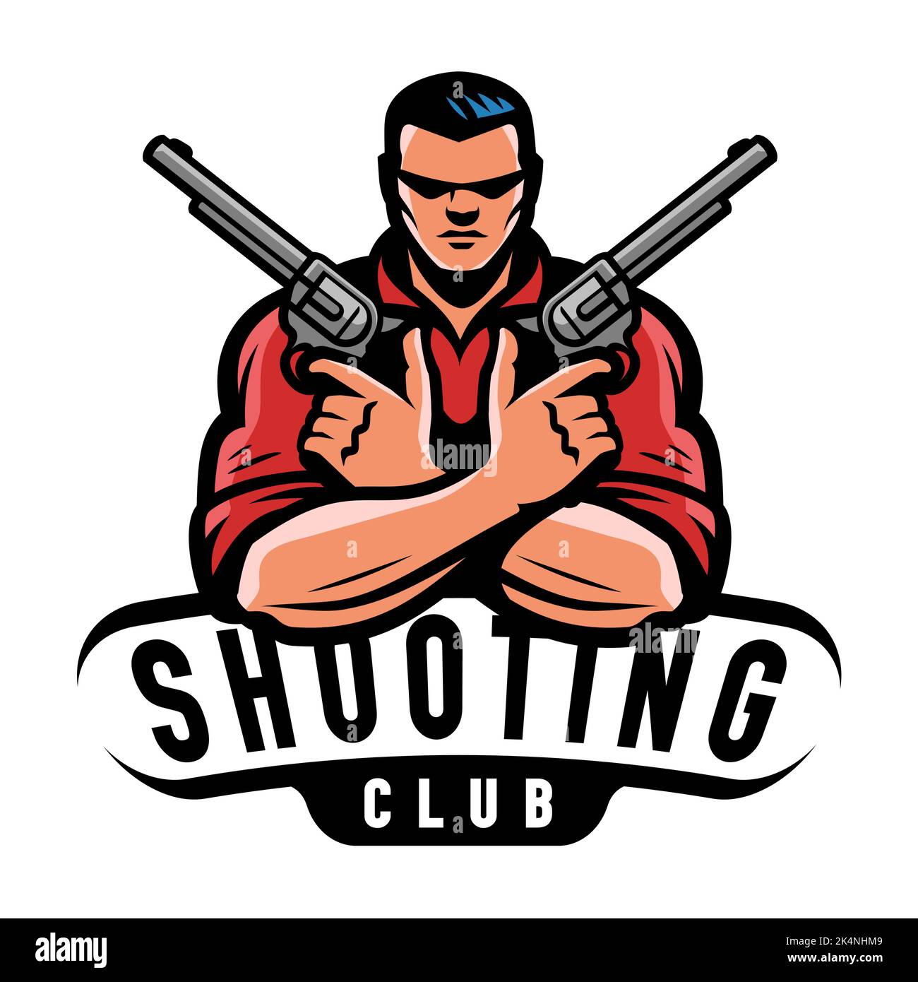Gun or shooting club emblem. Man with two pistols label, symbol. Weapon