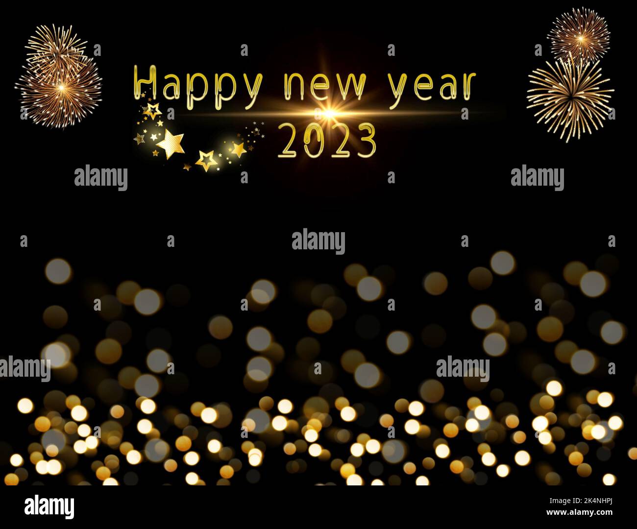 Happy new year 2023 greeting card with fireworks and bokeh lights Stock ...