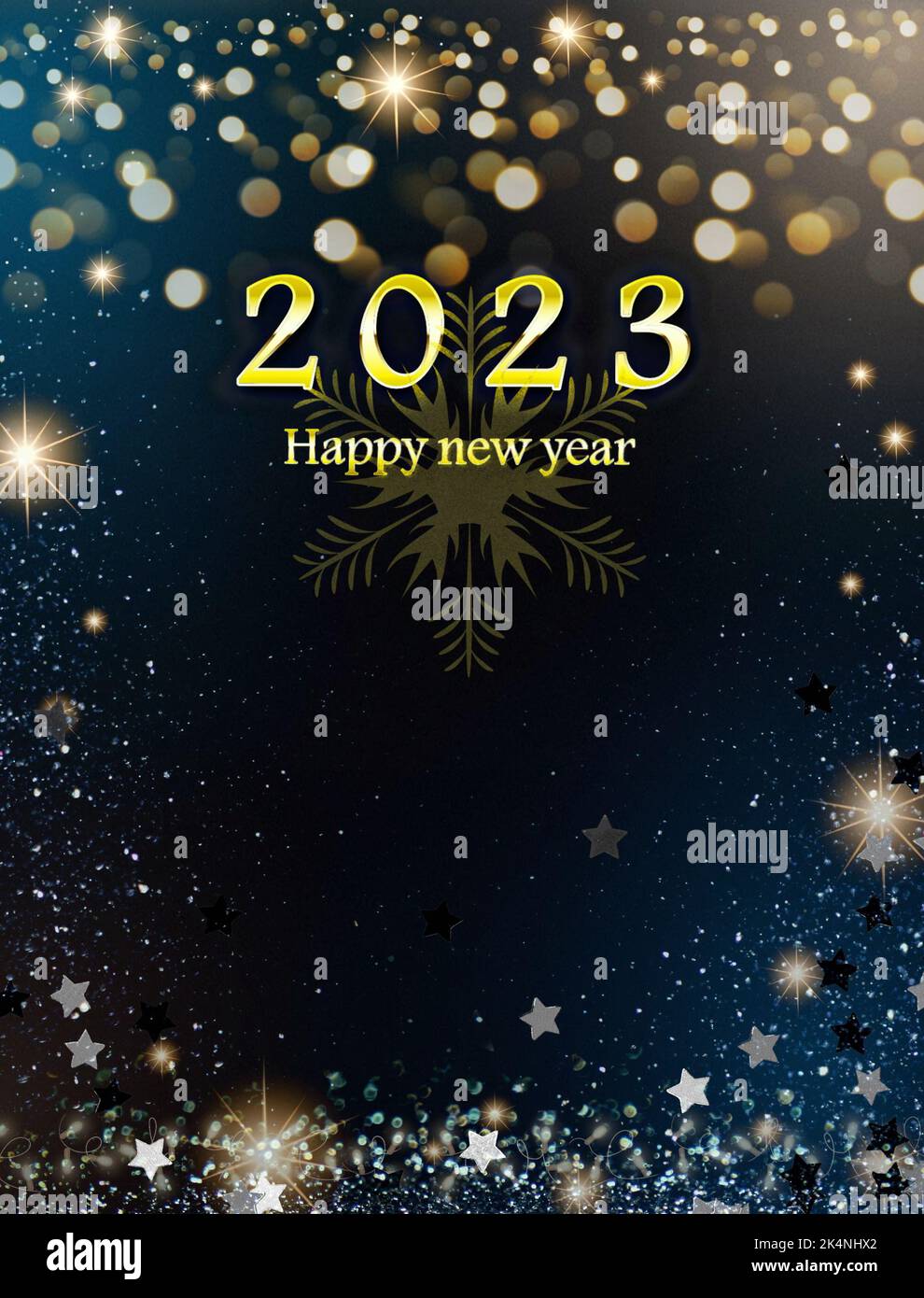 Happy new year 2023 greeting card with fireworks and bokeh lights Stock ...