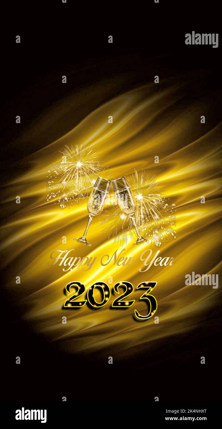 Happy new year 2023 greeting card with fireworks and bokeh lights Stock ...