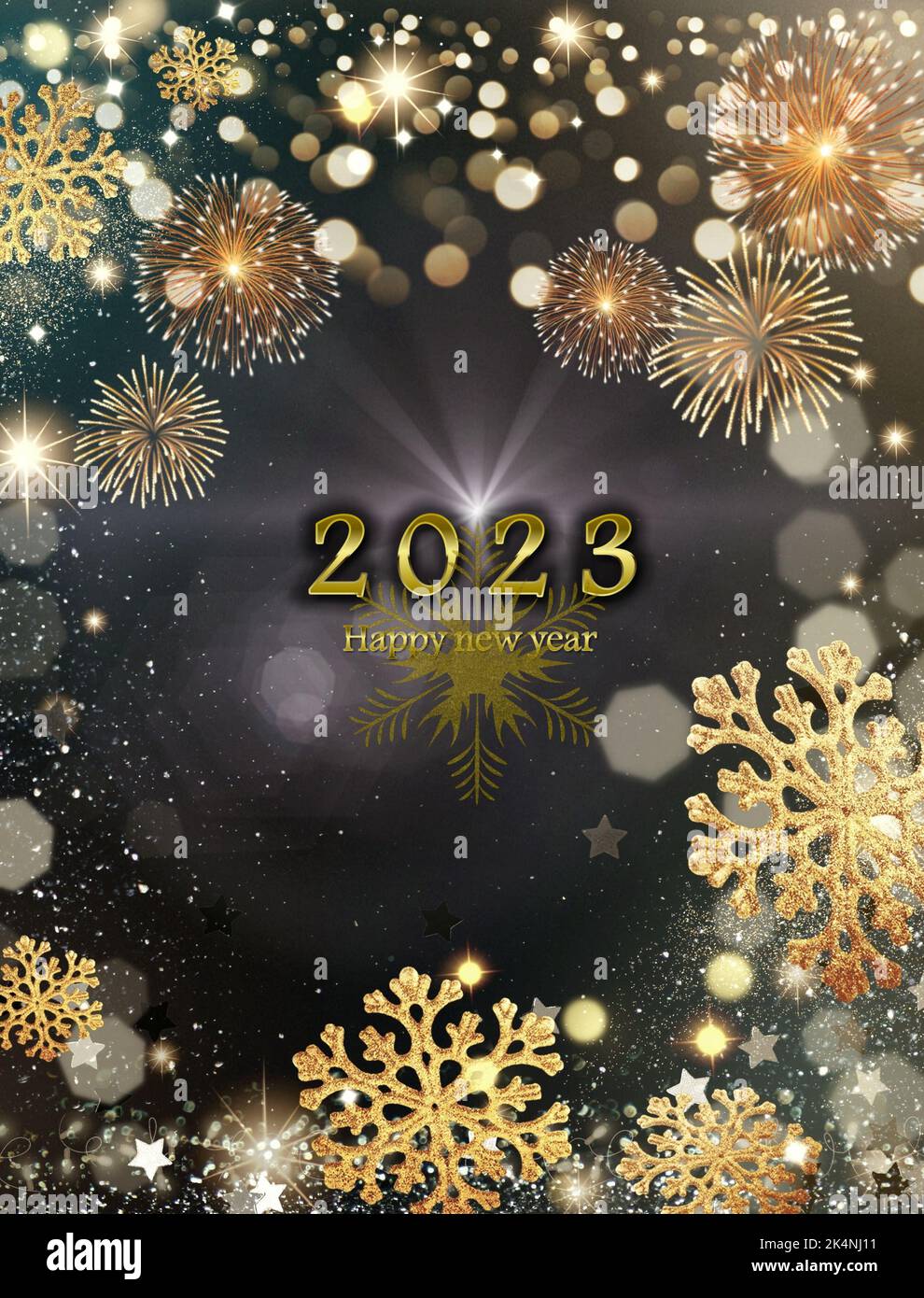 Happy new year 2023 greeting card with fireworks and bokeh lights Stock ...