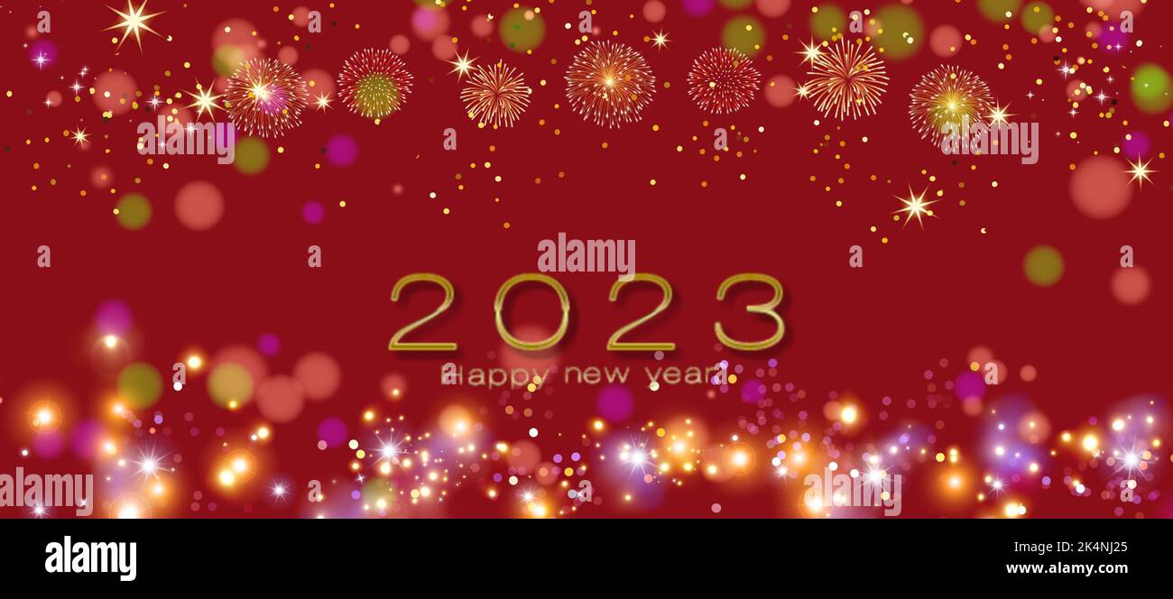 Happy new year 2023 greeting card with fireworks and bokeh lights Stock ...