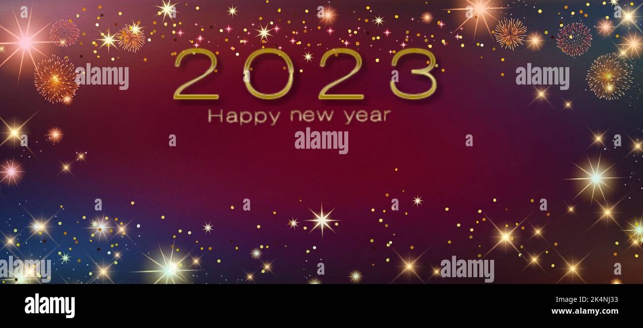 Happy new year 2023 greeting card with fireworks and bokeh lights Stock ...