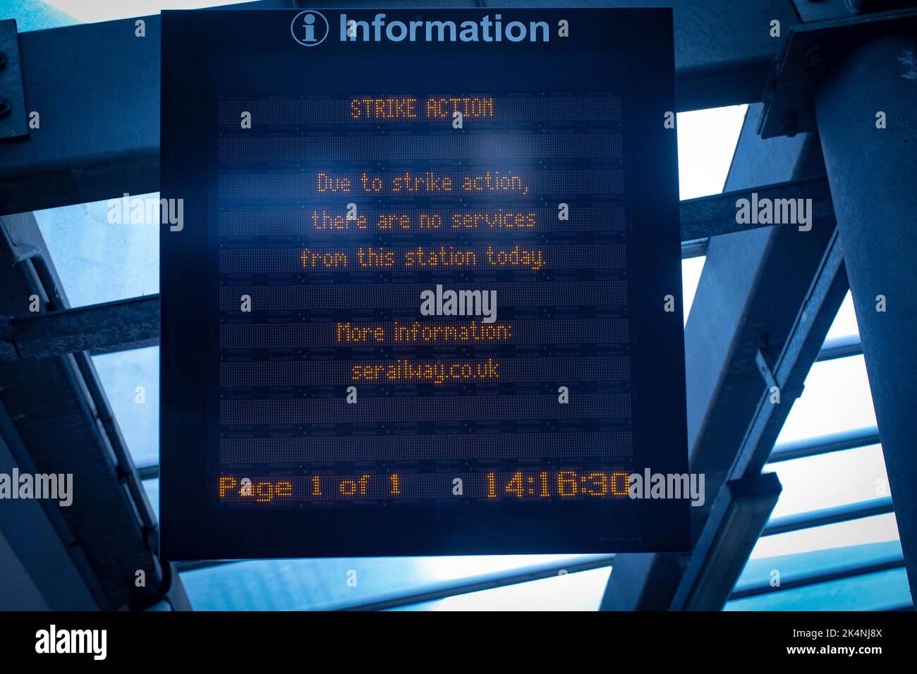 London, UK. 1st Oct, 2022. A sign on a train station platform  in Lewisham informing that there is no service due to a strike. Stock Photo