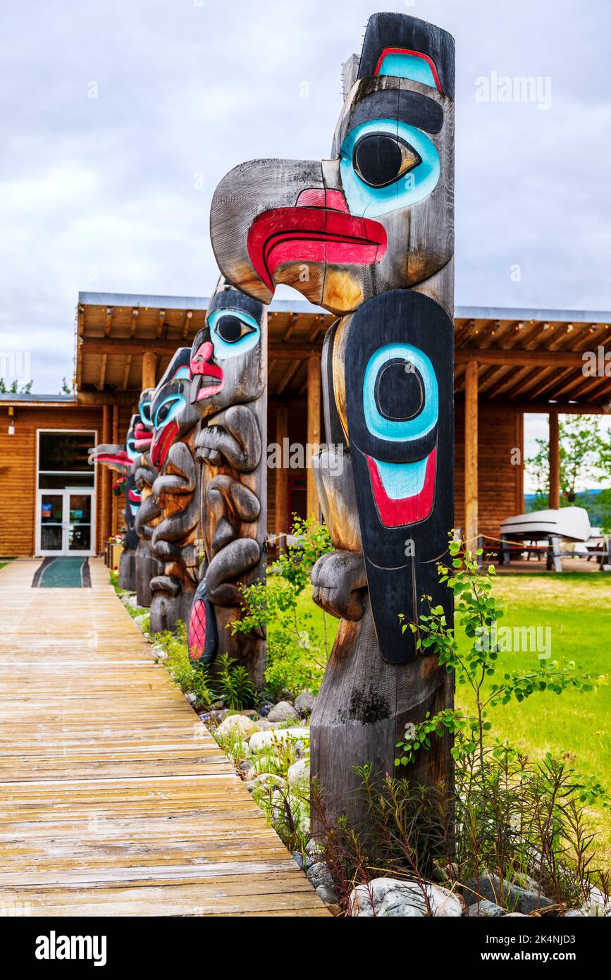 Totem Poles; Teslin Tlingit Heritage Centre Center; Teslin; Yukon; Territory Canada Stock Photo