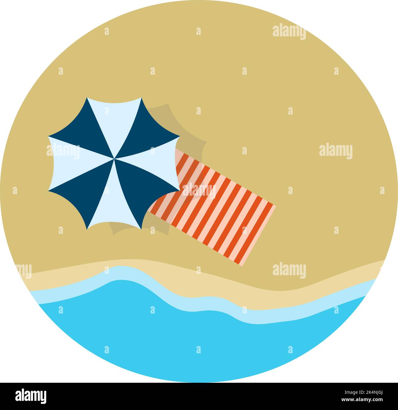Beach umbrella and towel, illustration, vector on a white background. Stock Vector