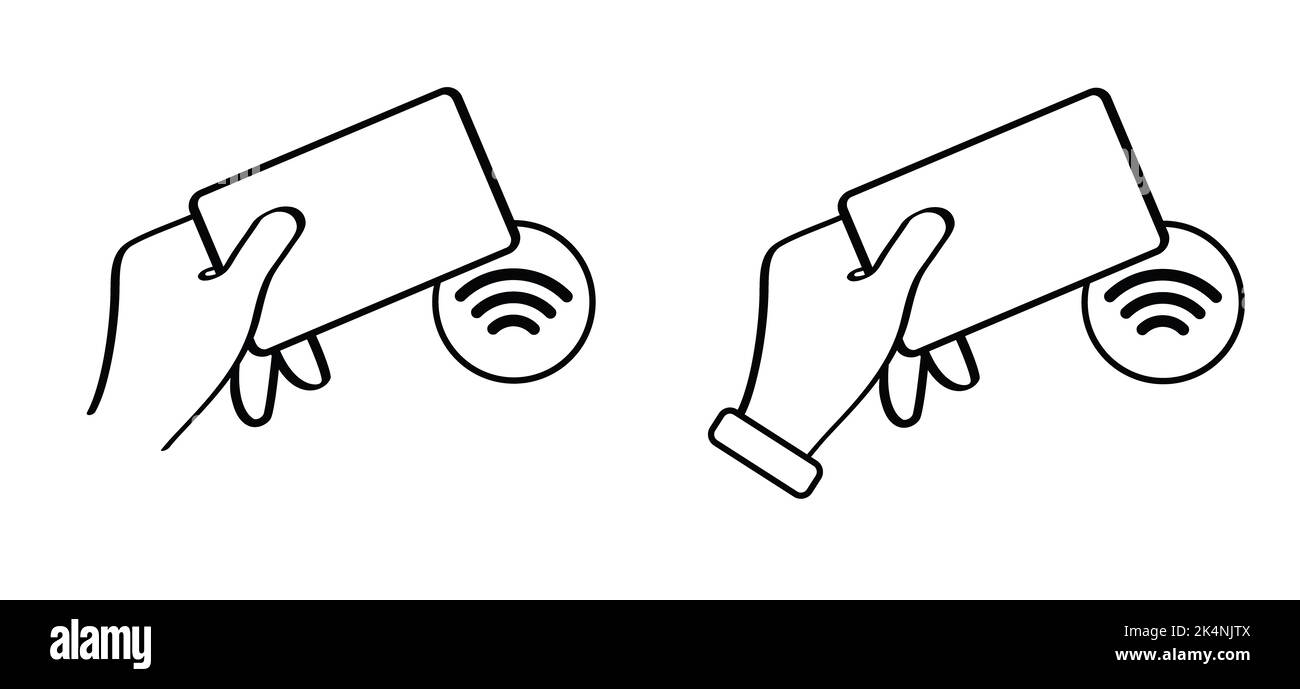Cartoon hand with contactless wireless payment card means. Credit card nfc. Vector mobile payment concept. Pay symbol or pictogram, Tap to pay icon. N Stock Photo
