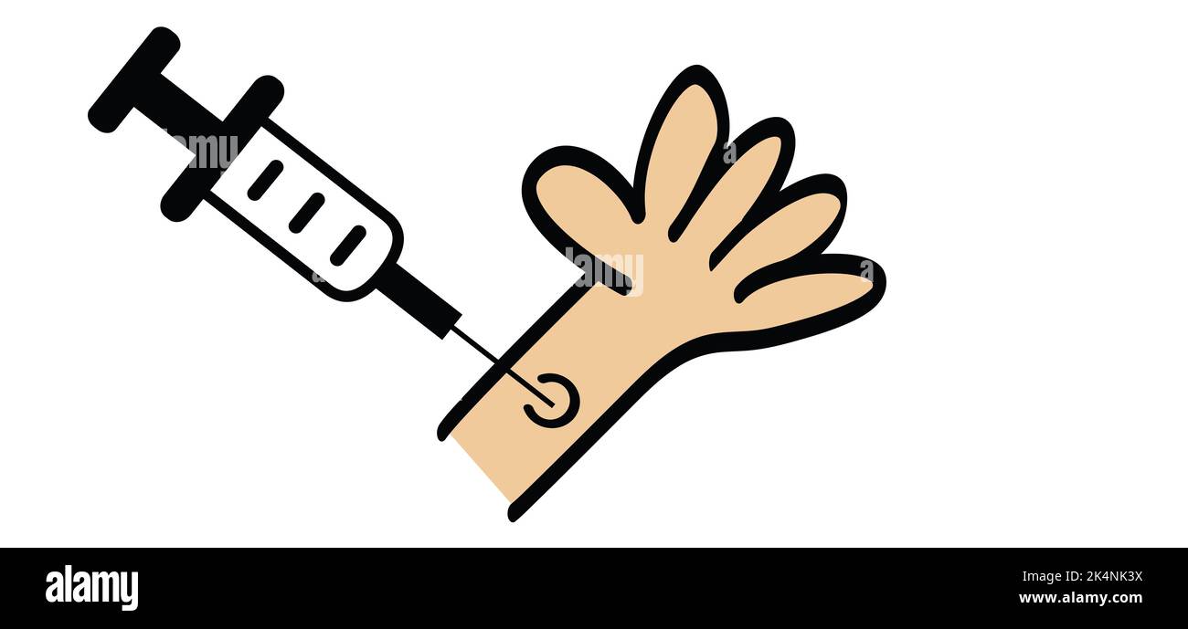 Cartoon, comic injection in hand. Needle spiking. Anti viral virus ...