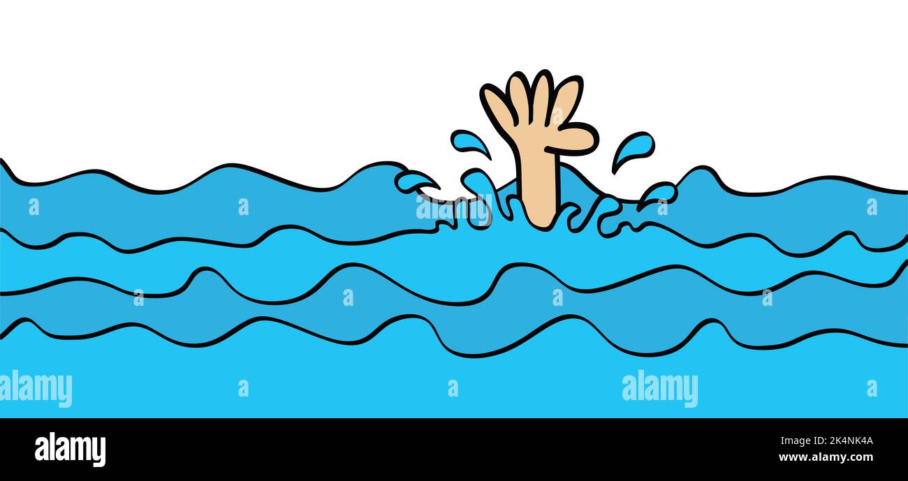 Cartoon people, man or woman and his hand drowning, needing help ...