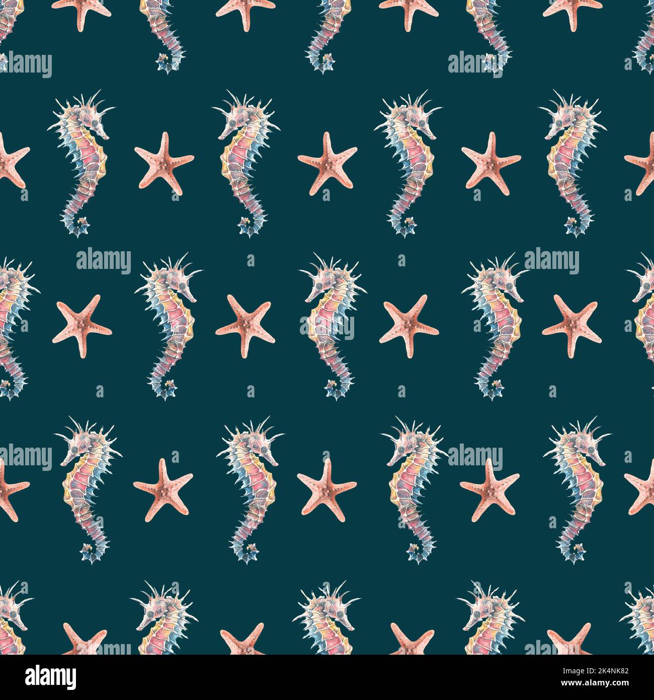 Seahorse and starfish on a dark background, seamless pattern, marine ...