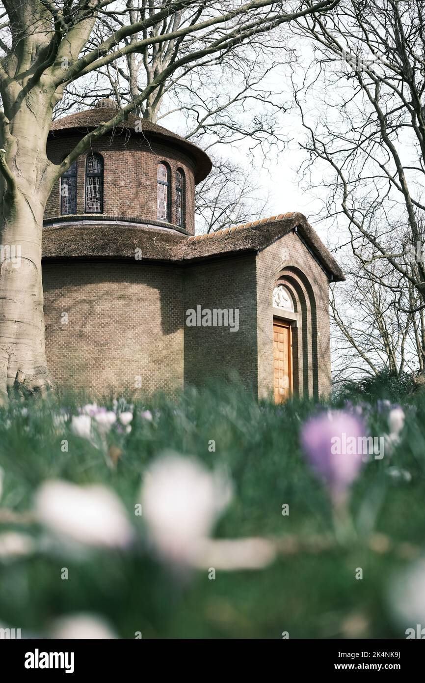 A low-angle closeup of a small temple envisioned by local sculptor Pier Pander, Leeuwarden, The Netherlands Stock Photo