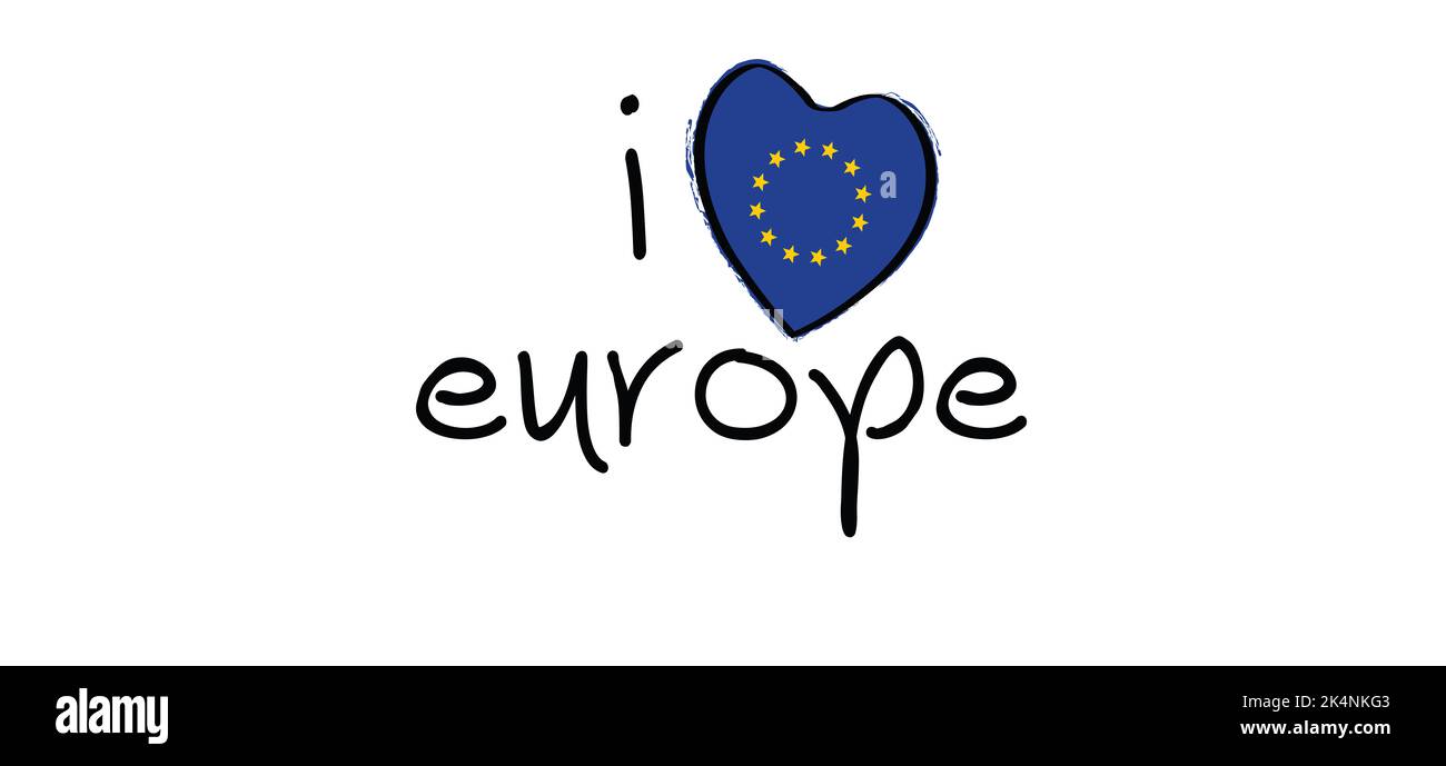 Slogan i love europe with with the Colors of eu flag. Italian slogans. Love, heart romance icons. Funny vector best quotes signs for banner or card. H Stock Photo