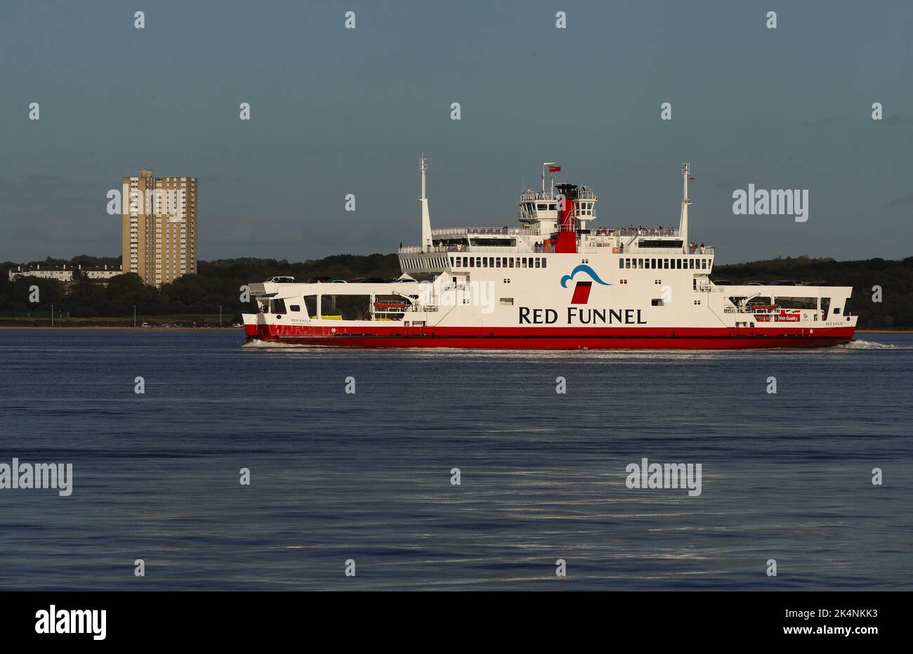 Red Funnel's Red Eagle Car and Passenger ferry sails along Southampton