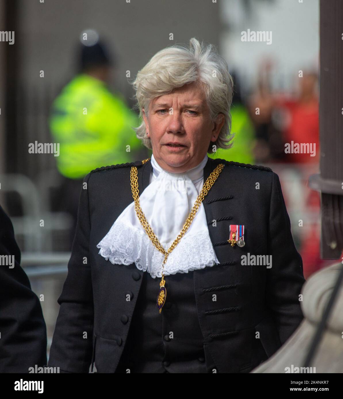 London, England, UK. 3rd Oct, 2022. Black Rod SARAH CLARKE is seen outside Westminster Palace as the ceremony for opening of legal year in England and Wales takes place. (Credit Image: © Tayfun Salci/ZUMA Press Wire) Stock Photo