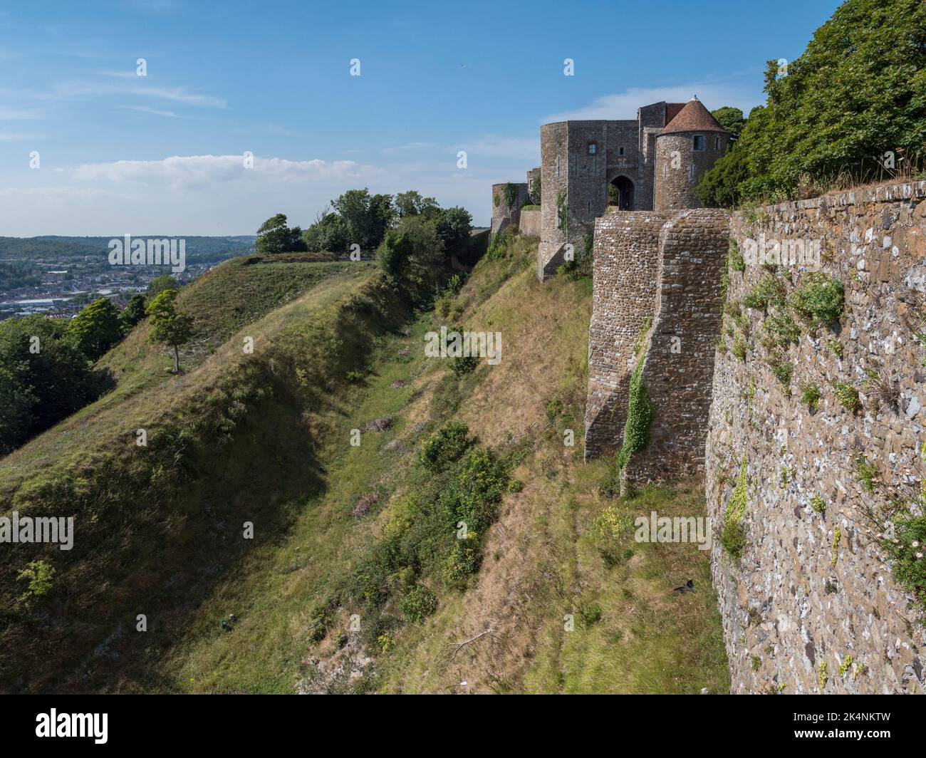 View past Hurst’s Tower along the west walls of Dover Castle, Kent, UK