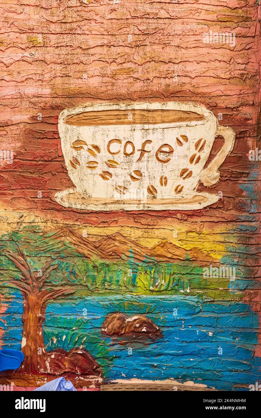 Thebes, Luxor, Egypt. February 24, 2022. Mural of a coffee cup on a cafe in Luxor. Stock Photo