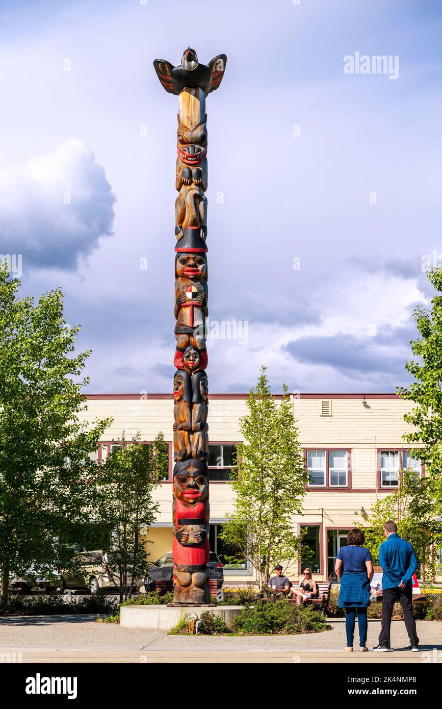 First Nation Totem Pole in city park; Whitehorse; capital of Yukon Territories; Canada Stock Photo