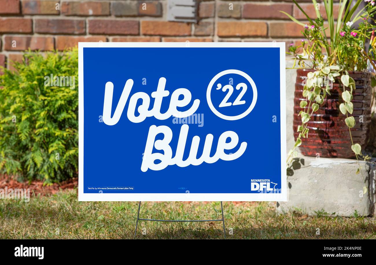 An American Vote Blue 22 DFL democratic yard sign for the midterm