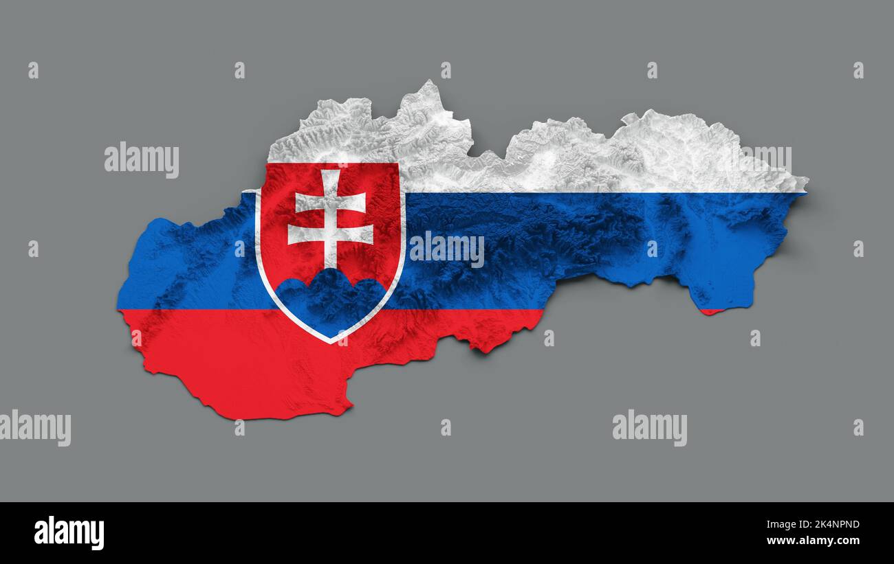 Slovakia Map Slovakia Flag Shaded relief Color Height map on white Background 3d illustration Stock Photo