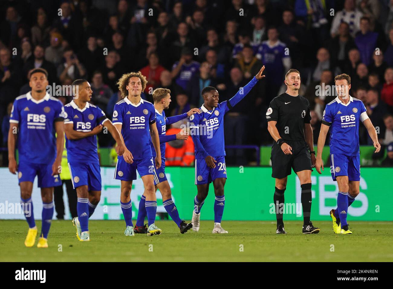 Patson Daka #20 of Leicester City celebrates his goal to make it 4-0 during the Premier League match Leicester City vs Nottingham Forest at King Power Stadium, Leicester, United Kingdom, 3rd October 2022  (Photo by Mark Cosgrove/News Images) Stock Photo