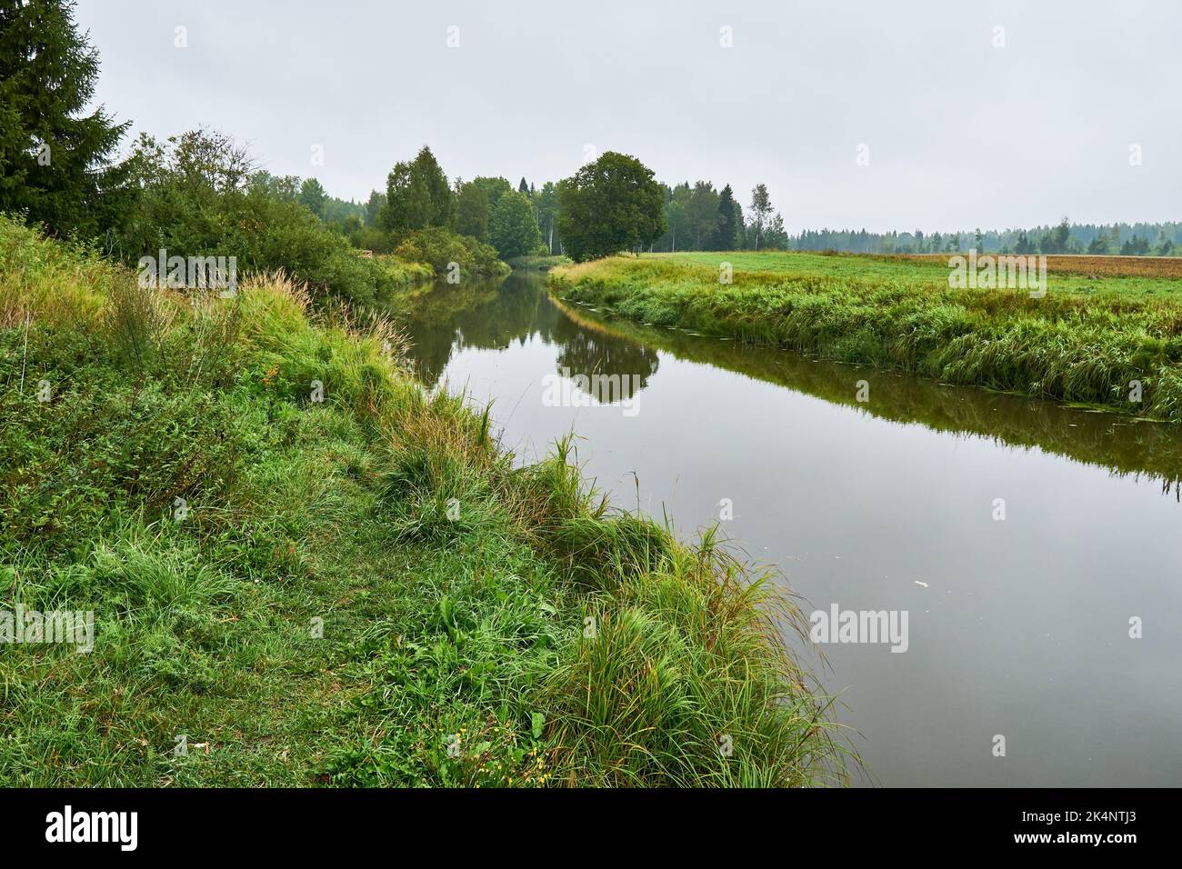 A river surrounded by green fields under a blue cloudy sky during the ...