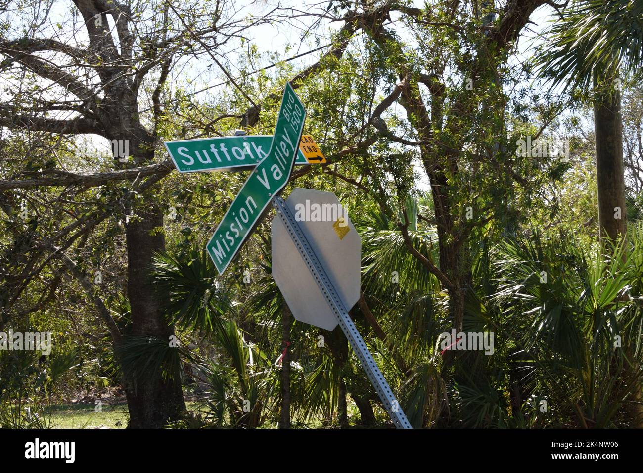 The aftermath of hurricane Ian, category 4, hitting southwest Florida on Sept 28, 2022.The road sign in Nokomis was bent due to severe windstorm. Stock Photo