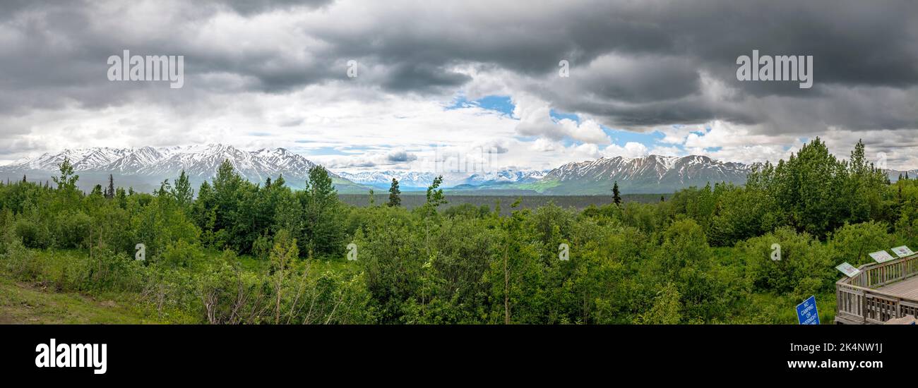 Panorama view west of Alsek Range; Chilkat Pass; Tatshenshini Alsek Provincial Park from the Haines Highway; British Columbia; Canada Stock Photo