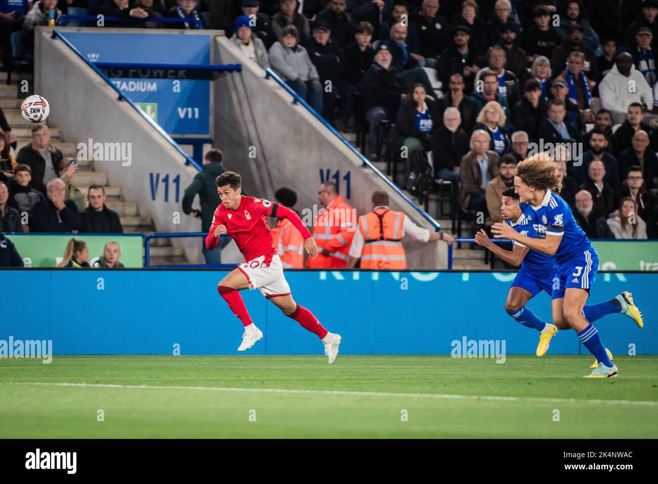 Brennan Johnson #20 of Nottingham Forest chases down a through ball during the Premier League match Leicester City vs Nottingham Forest at King Power Stadium, Leicester, United Kingdom, 3rd October 2022  (Photo by Ritchie Sumpter/News Images) Stock Photo