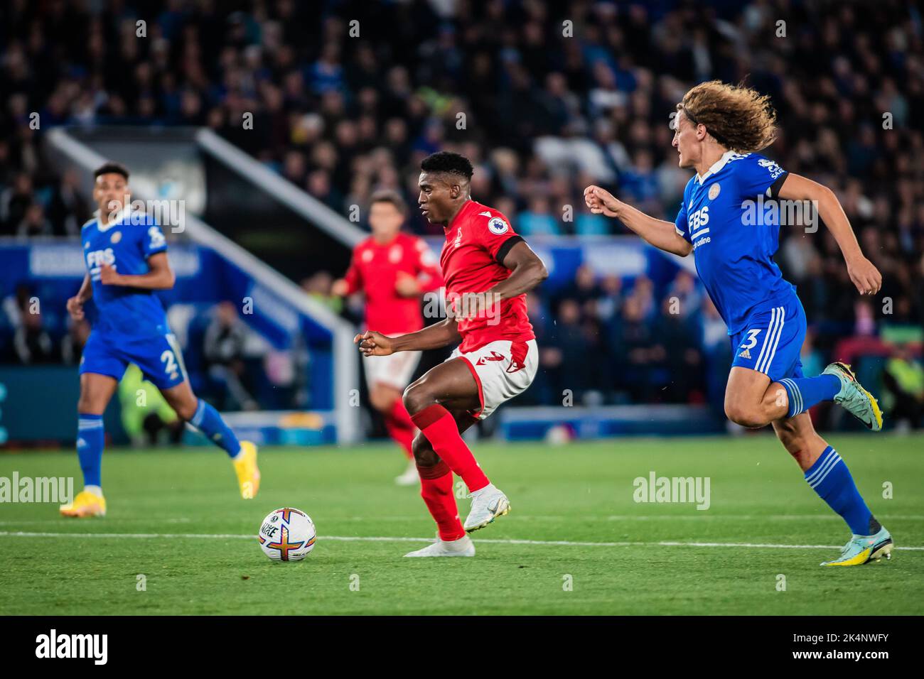 Taiwo Awoniyi #9 of Nottingham Forest races through on goal during the Premier League match Leicester City vs Nottingham Forest at King Power Stadium, Leicester, United Kingdom, 3rd October 2022  (Photo by Ritchie Sumpter/News Images) Stock Photo