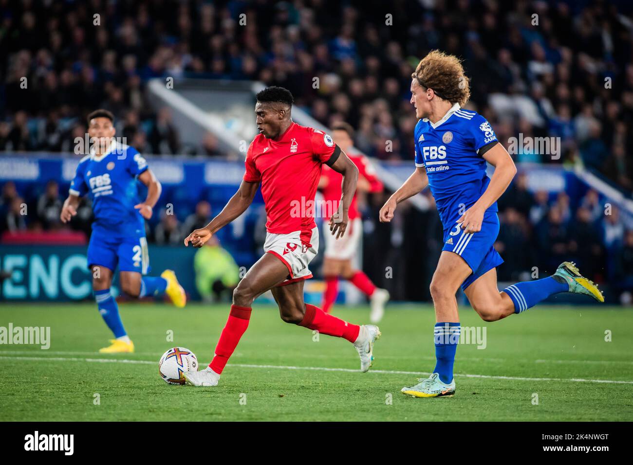 Taiwo Awoniyi #9 of Nottingham Forest races through on goal during the Premier League match Leicester City vs Nottingham Forest at King Power Stadium, Leicester, United Kingdom, 3rd October 2022  (Photo by Ritchie Sumpter/News Images) Stock Photo