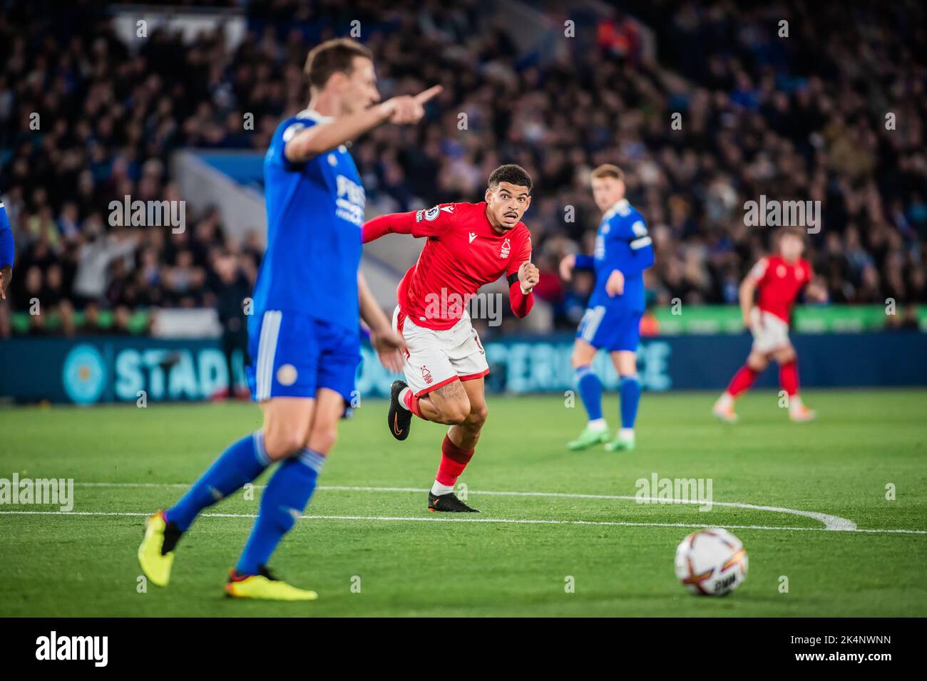 Morgan Gibbs-White #10 of Nottingham Forest looks to chase down the defence during the Premier League match Leicester City vs Nottingham Forest at King Power Stadium, Leicester, United Kingdom, 3rd October 2022  (Photo by Ritchie Sumpter/News Images) Stock Photo