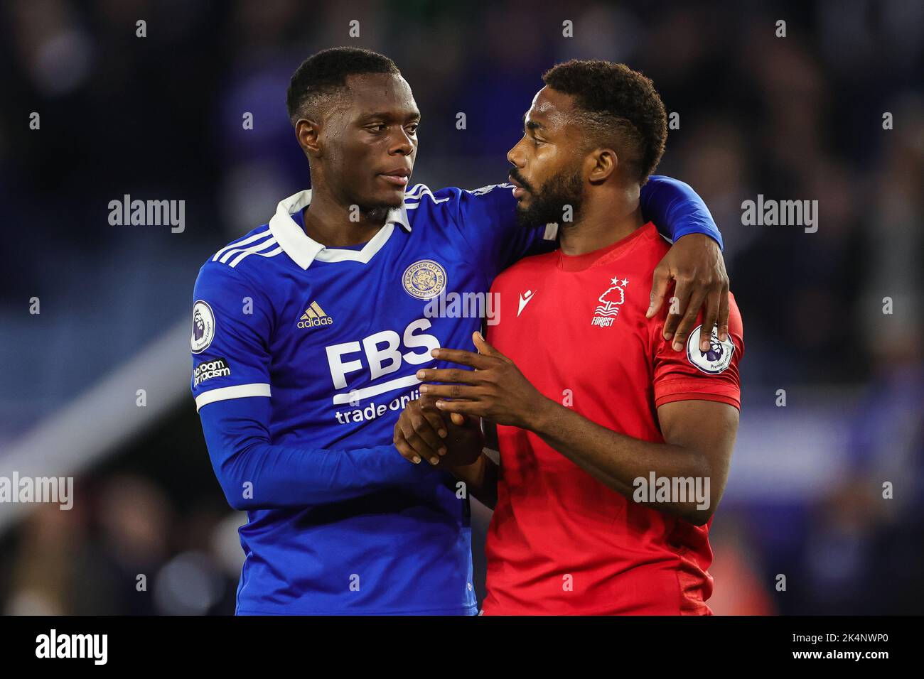 Patson Daka #20 of Leicester City and Emmanuel Dennis #25 of Nottingham Forest shake hands at the end of the  Premier League match Leicester City vs Nottingham Forest at King Power Stadium, Leicester, United Kingdom, 3rd October 2022  (Photo by Mark Cosgrove/News Images) Stock Photo