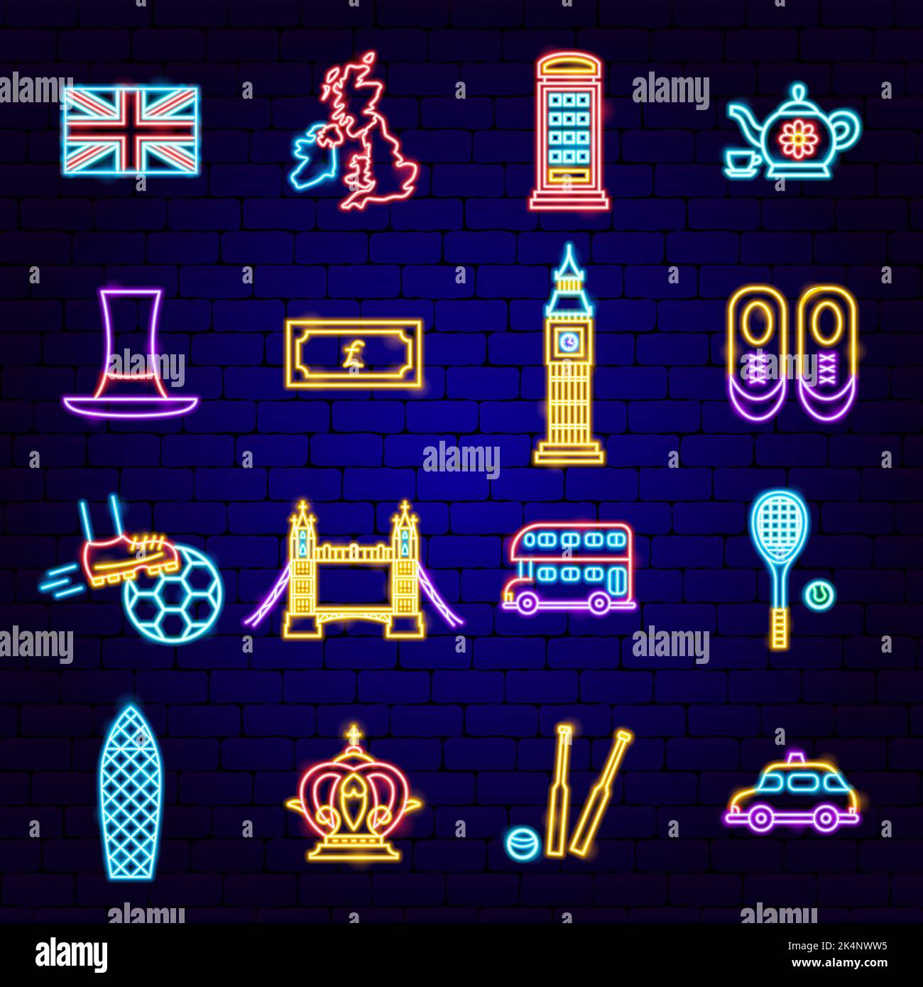 Great Britain England Neon Icons Stock Vector